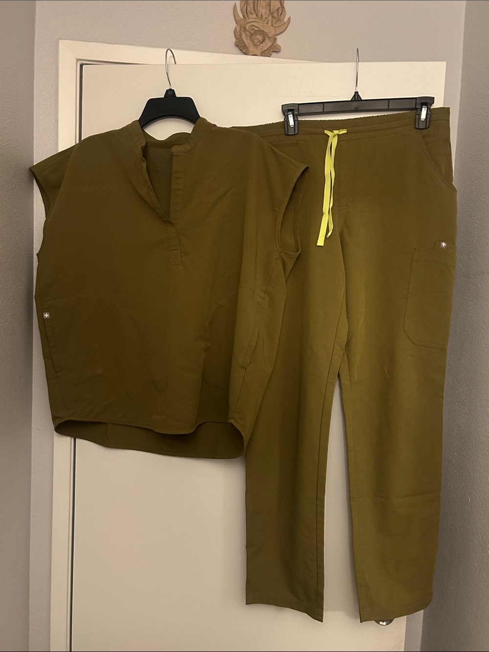 Figs Olive Green Straight-Leg Scrub Set with Yellow Drawstring